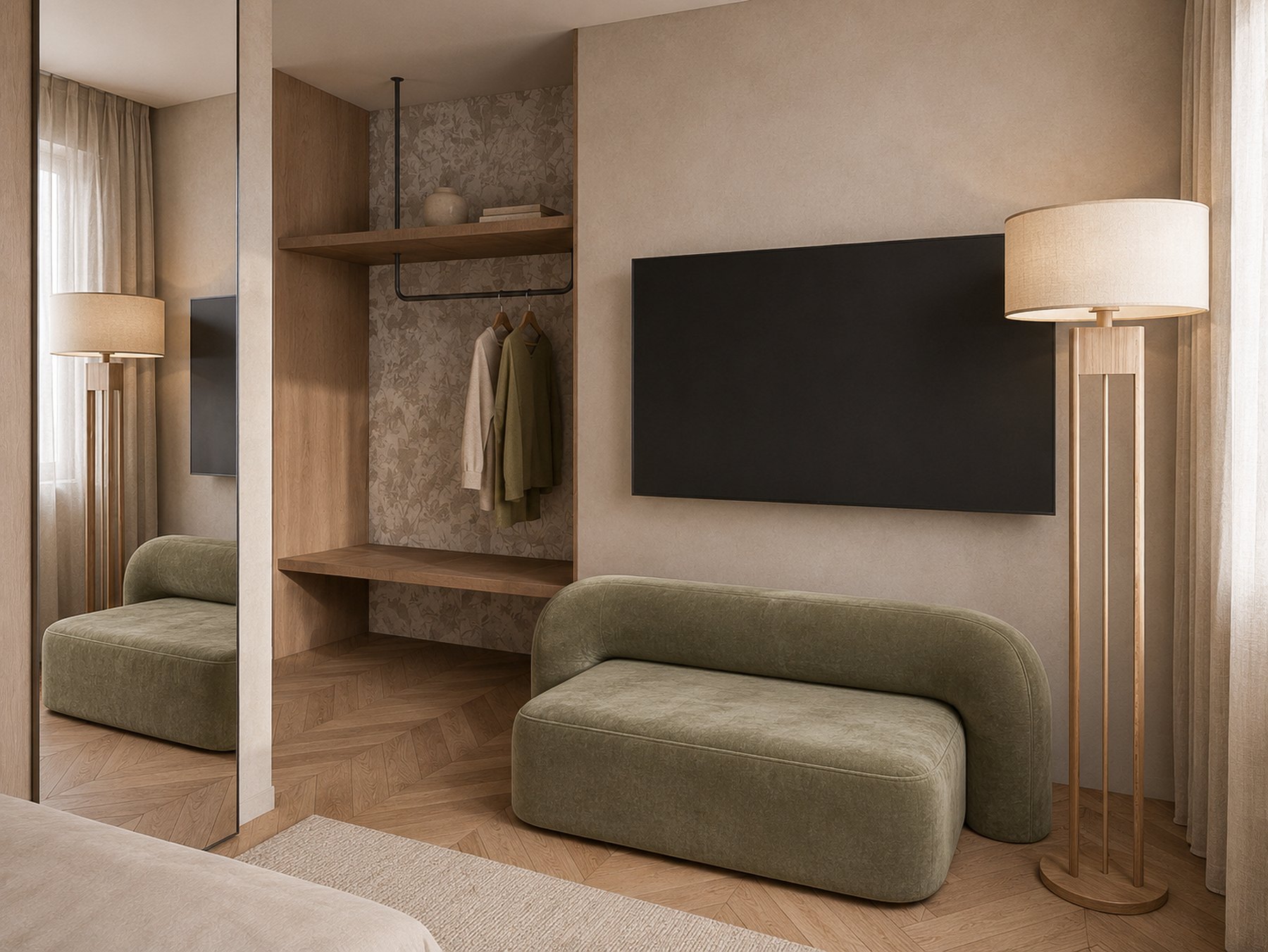 Guest room in the new Hotel Park interior programme, daylight through sheer curtains